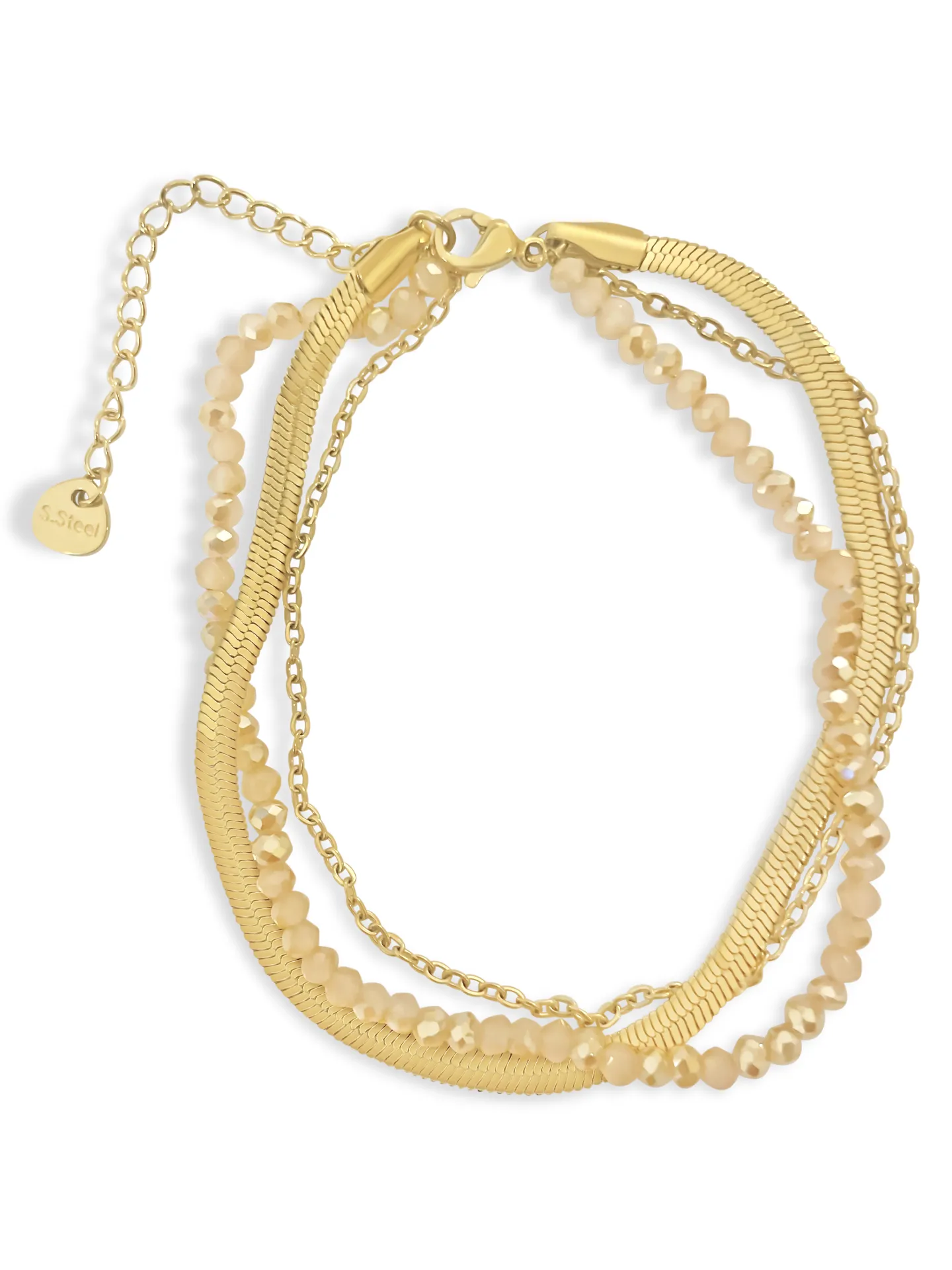 Βραχιόλι, γυναικείο, από ανοξείδωτο ατσάλι, τριπλό, 19 εκατοστά συν αλυσίδα επέκτασης 5 εκατοστά επιπλέον,με κίτρινο επιχρύσωμα & ροζ κρυσταλλάκια, silverline, 0230449001,